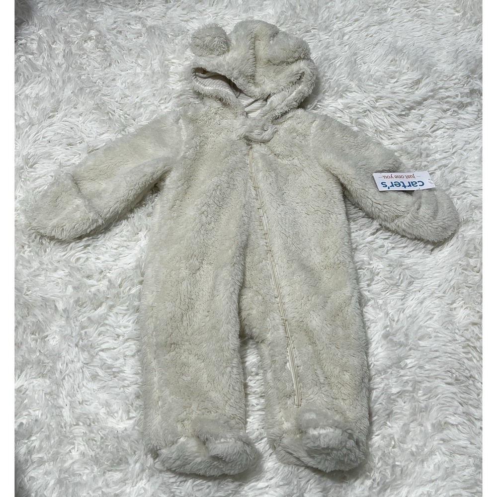 Carter's Baby Bear Hooded Fleece Sherpa Bunting Snowsuit Ivory 3 Mos Romper  NWT